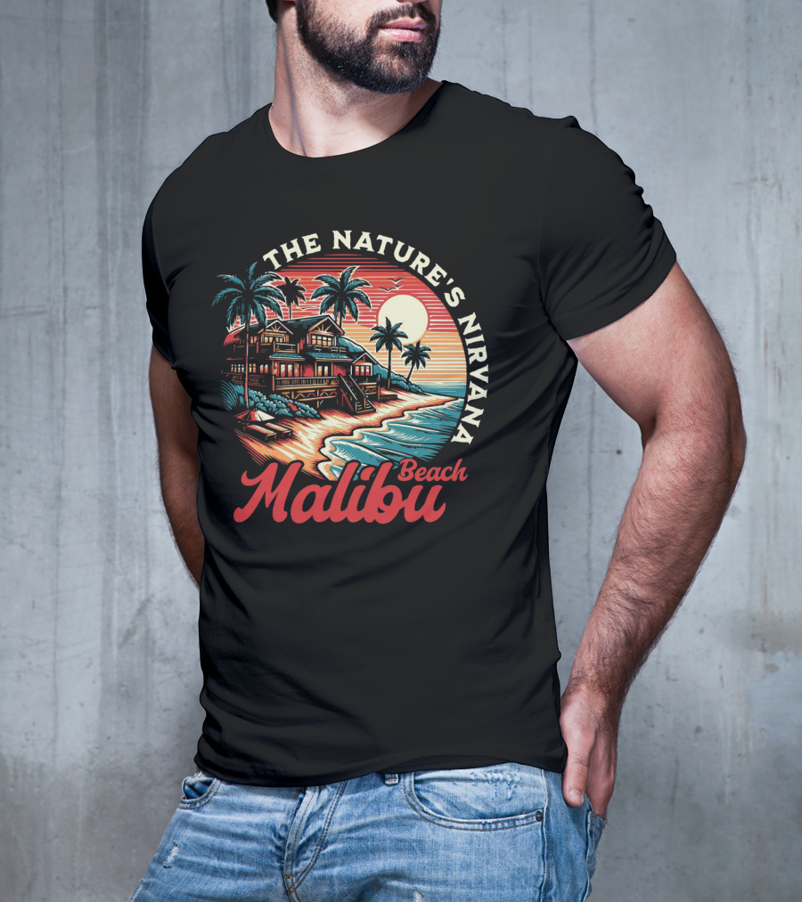 The Nature's Nirvana Malibu Beach Retro Sunset Scene T-Shirt