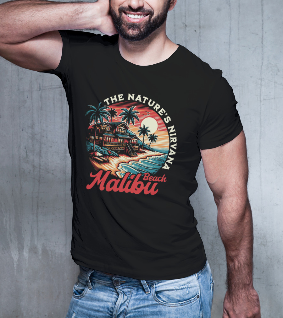 The Nature's Nirvana Malibu Beach Retro Sunset Scene T-Shirt