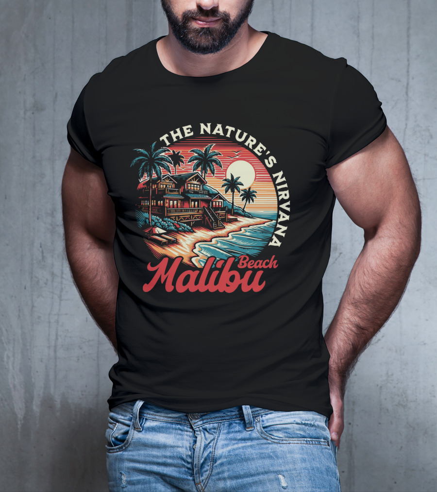 The Nature's Nirvana Malibu Beach Retro Sunset Scene T-Shirt