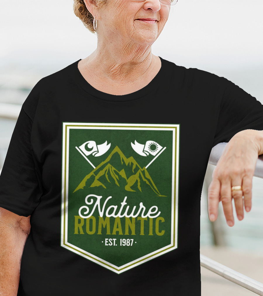 Nature Romantic Est. 1987 Mountain Adventure Sun Moon Flags T-Shirt