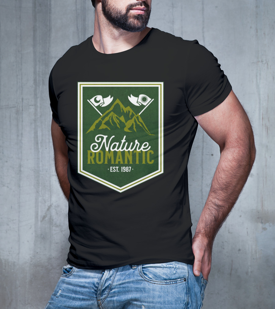 Nature Romantic Est. 1987 Mountain Adventure Sun Moon Flags T-Shirt