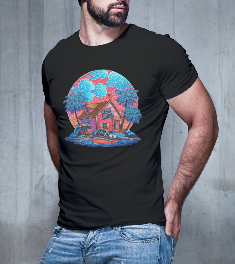 Kame House Vibrant Tropical Island Scene Dragon Ball T-Shirt