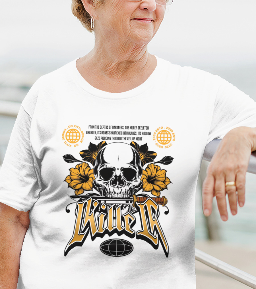 Killer Skeleton Dark Skull With Sword And Flowers T-Shirt
