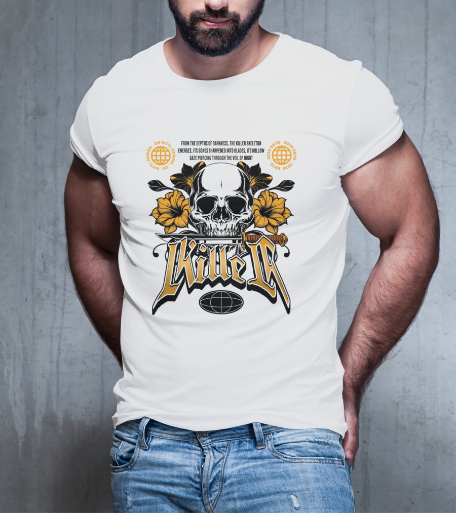 Killer Skeleton Dark Skull With Sword And Flowers T-Shirt