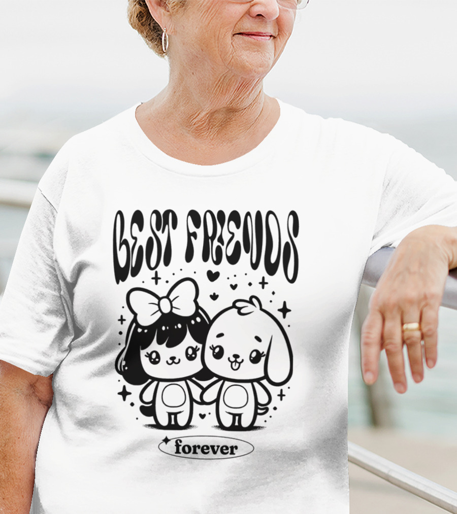 BEST FRIENDS FOREVER Cute Cartoon Characters Holding Hands With Hearts And Stars T-Shirt