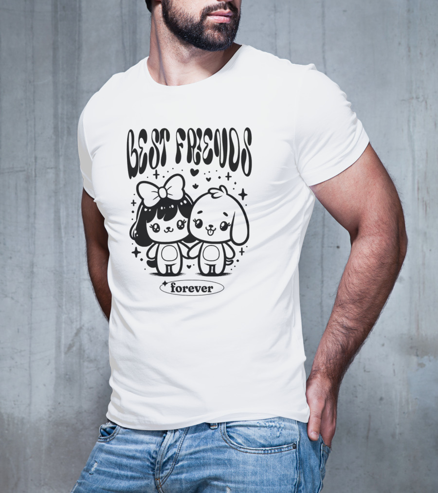 BEST FRIENDS FOREVER Cute Cartoon Characters Holding Hands With Hearts And Stars T-Shirt