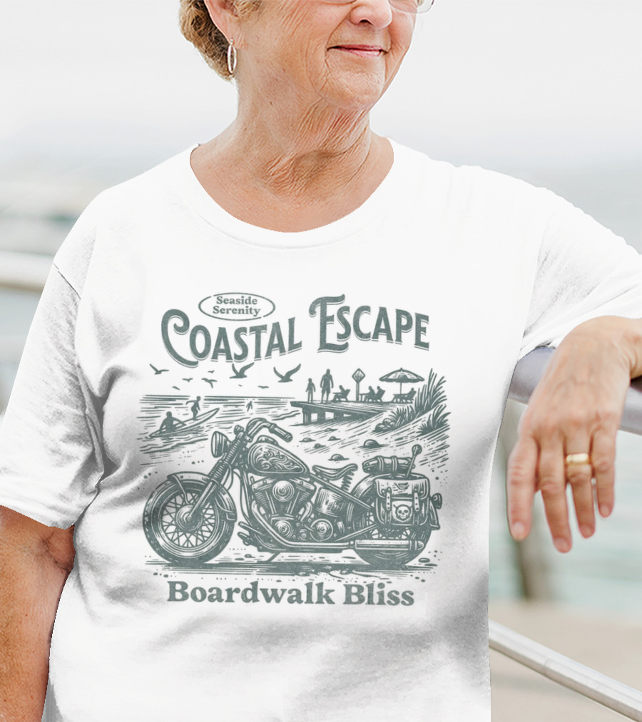 Seaside Serenity Coastal Escape Motorcycle Boardwalk Bliss T-Shirt