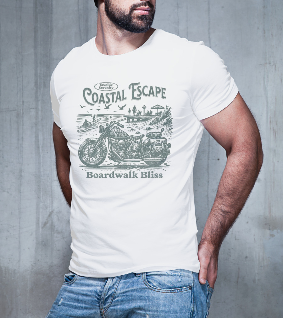 Seaside Serenity Coastal Escape Motorcycle Boardwalk Bliss T-Shirt
