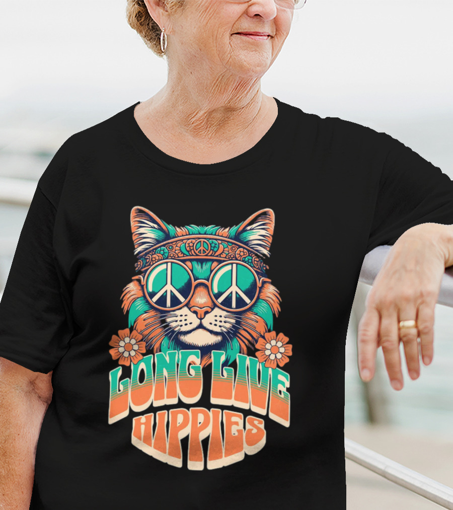 Long Live Hippies Cat With Peace Sign Glasses And Flowers T-Shirt