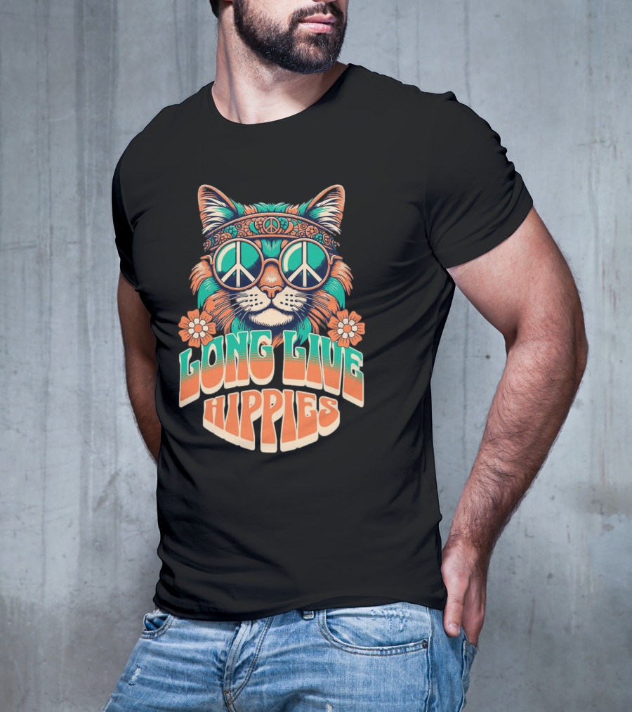 Long Live Hippies Cat With Peace Sign Glasses And Flowers T-Shirt