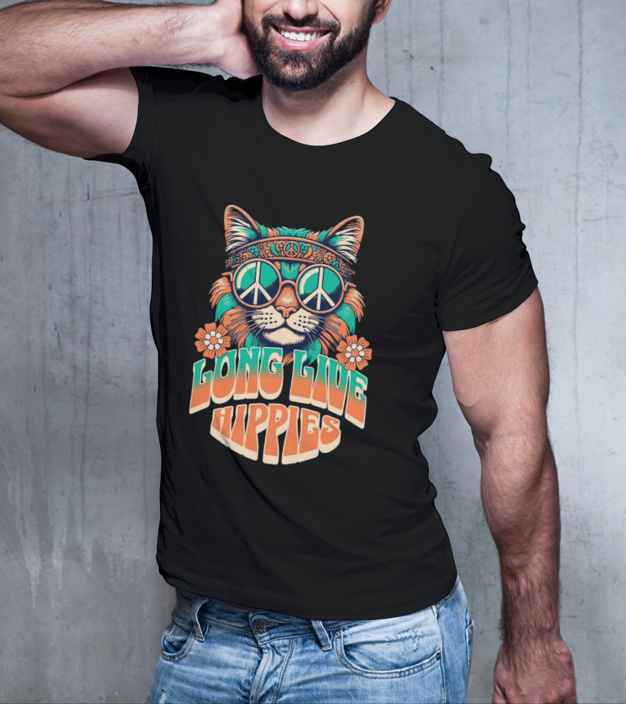Long Live Hippies Cat With Peace Sign Glasses And Flowers T-Shirt