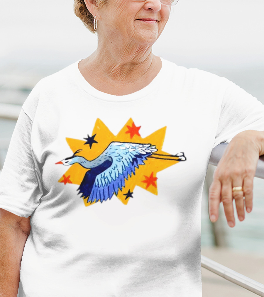 Grey Heron Flying Against Starry Yellow Burst T-Shirt
