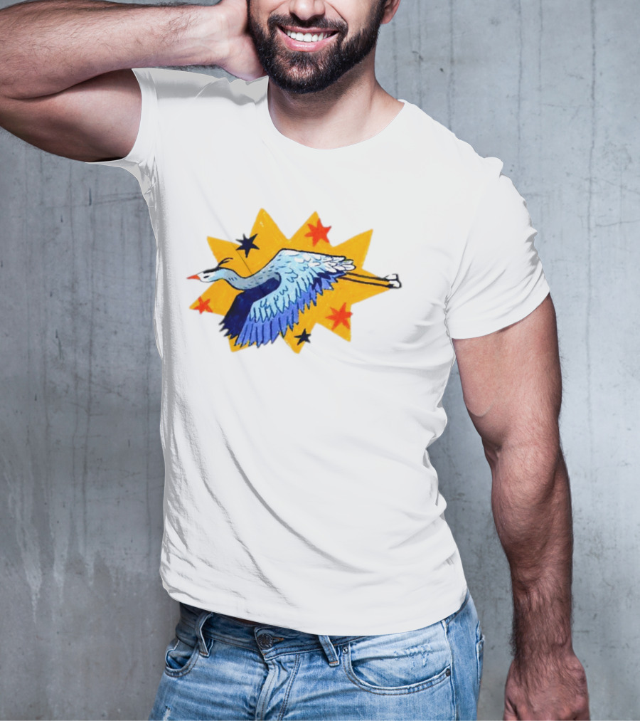 Grey Heron Flying Against Starry Yellow Burst T-Shirt