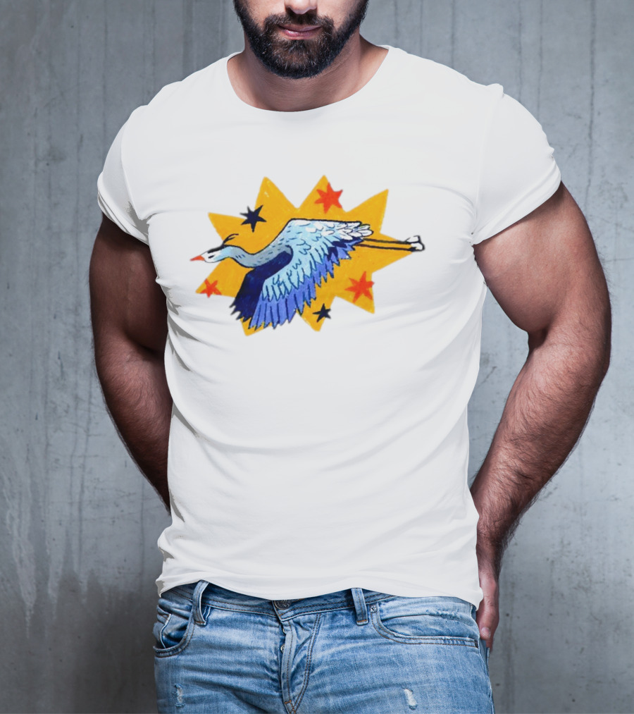 Grey Heron Flying Against Starry Yellow Burst T-Shirt