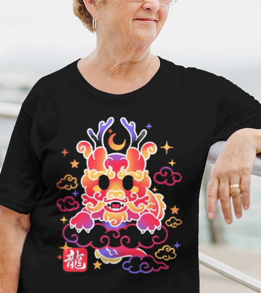 Kawaii Chinese Dragon With Colorful Clouds And Stars Asian Aesthetic T-Shirt