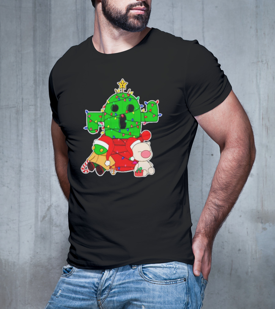 Funny Cactuar Christmas Lights With Moogle And Santa Costumes T-Shirt