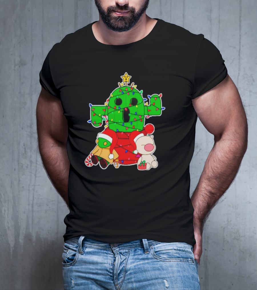 Funny Cactuar Christmas Lights With Moogle And Santa Costumes T-Shirt