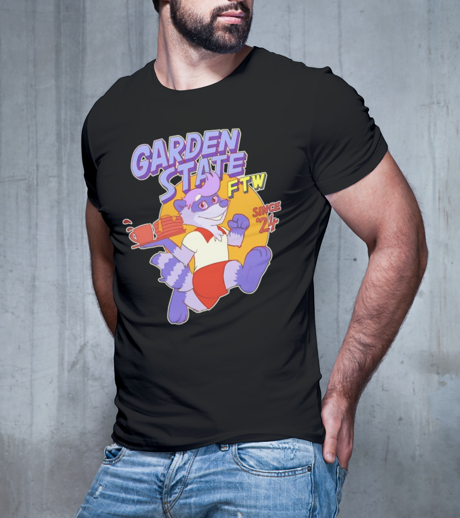 Garden State FTW Since 24 Cartoon Raccoon Serving Pancakes T-Shirt