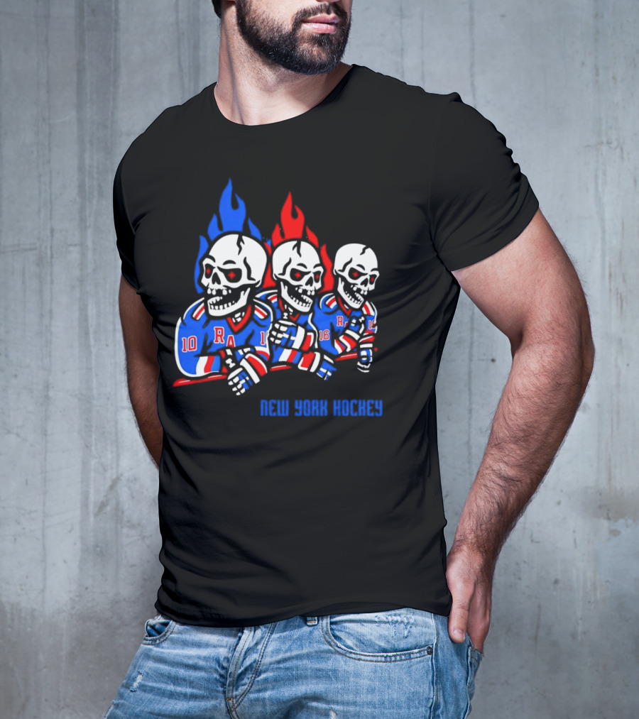 New York Rangers Skeleton Hockey Flames T-Shirt