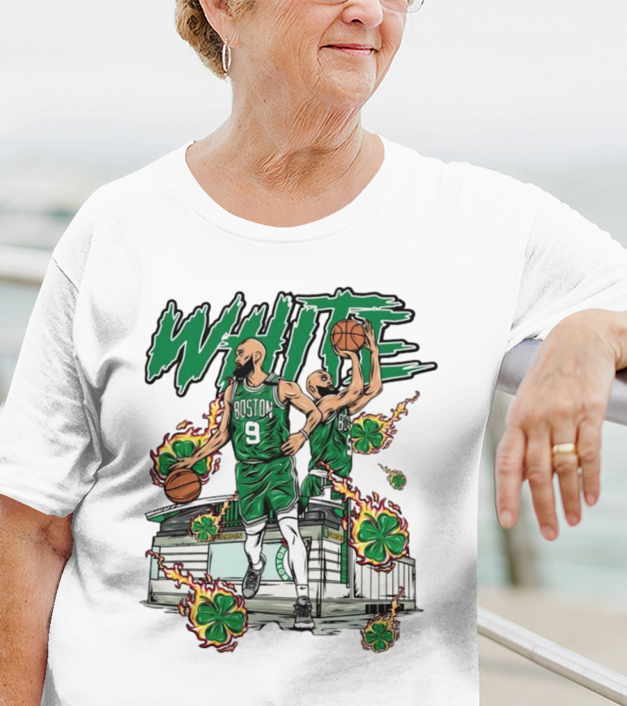 Boston Celtics White 9 Basketball Player With Shamrocks And Basketball Court T-Shirt