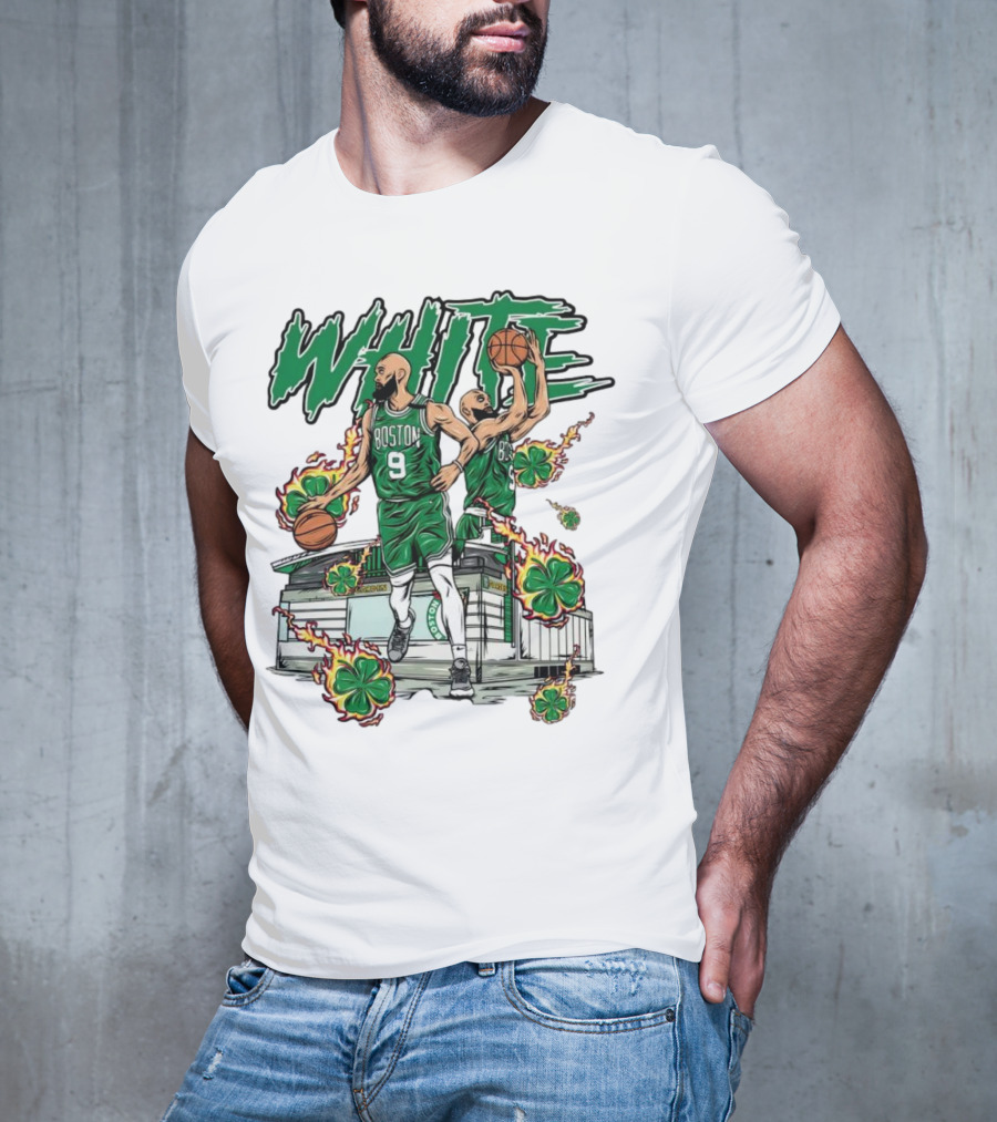 Boston Celtics White 9 Basketball Player With Shamrocks And Basketball Court T-Shirt