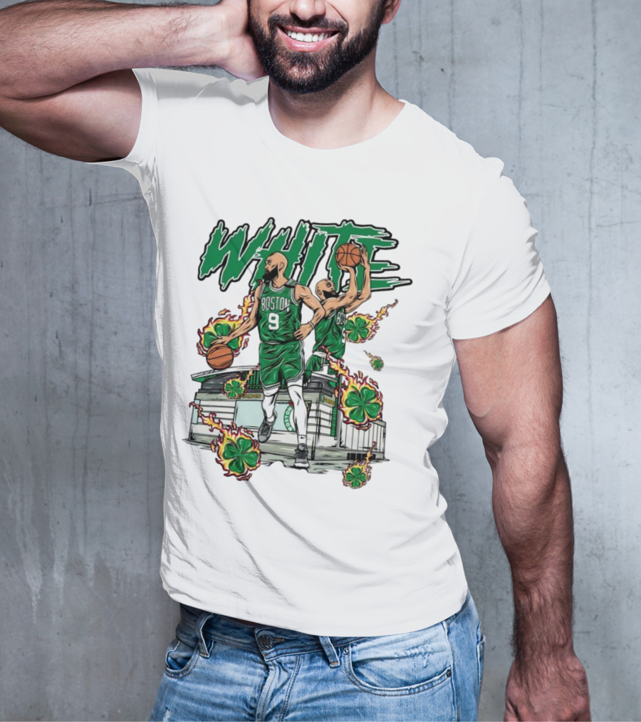Boston Celtics White 9 Basketball Player With Shamrocks And Basketball Court T-Shirt