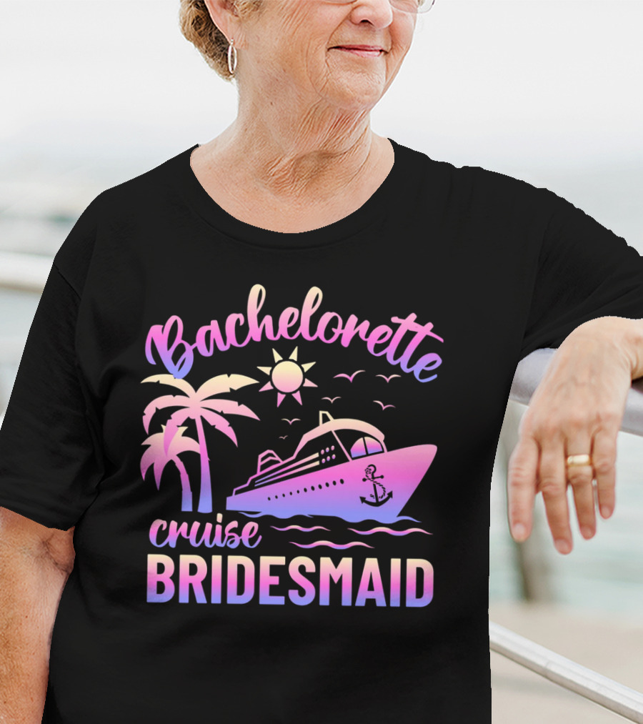 Bachelorette Cruise Bridesmaid Sun Palm Trees Anchor Ocean Waves T-Shirt