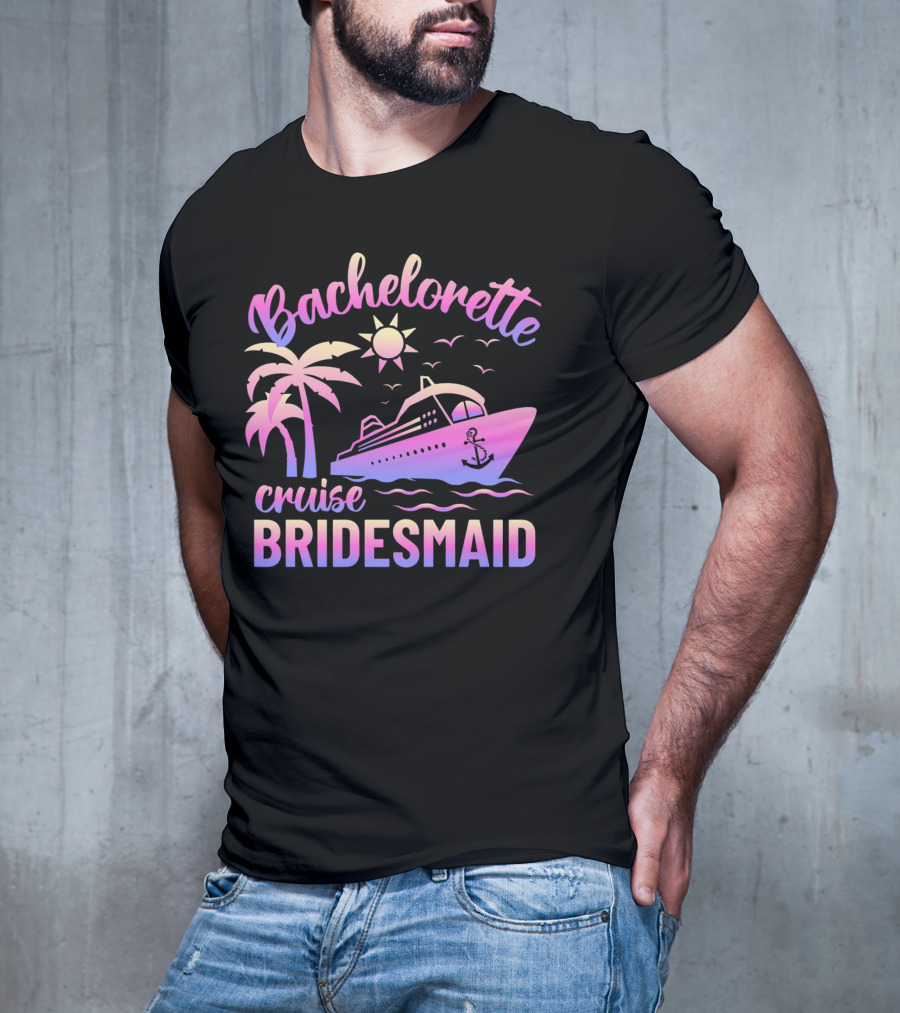 Bachelorette Cruise Bridesmaid Sun Palm Trees Anchor Ocean Waves T-Shirt