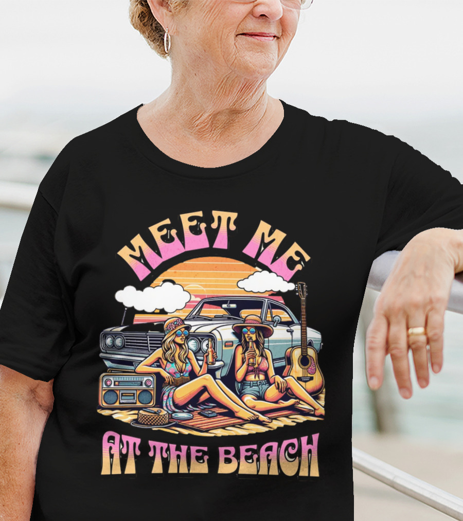 Meet Me At The Beach Sunset Paradise With Classic Car And Guitar T-Shirt