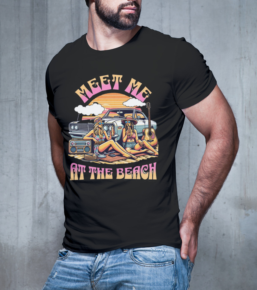 Meet Me At The Beach Sunset Paradise With Classic Car And Guitar T-Shirt