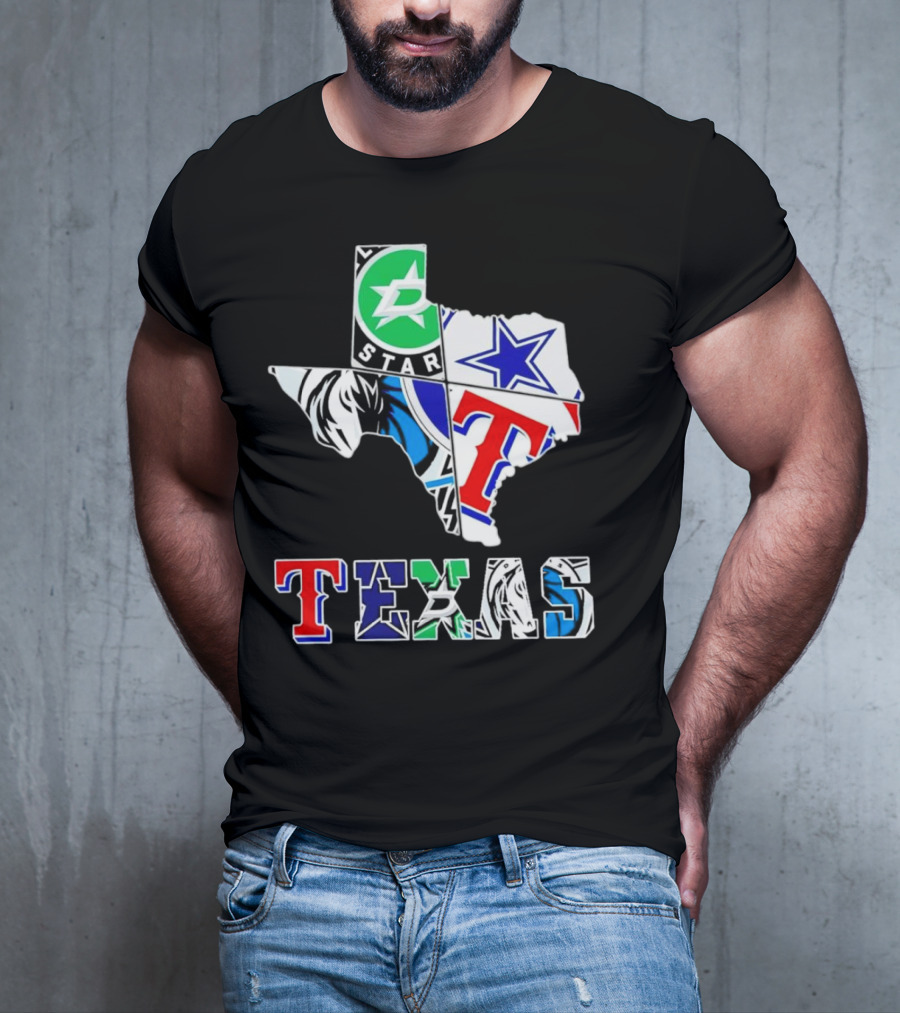 Dallas Hockey Cowboys Rangers Mavericks Texas Map T-Shirt
