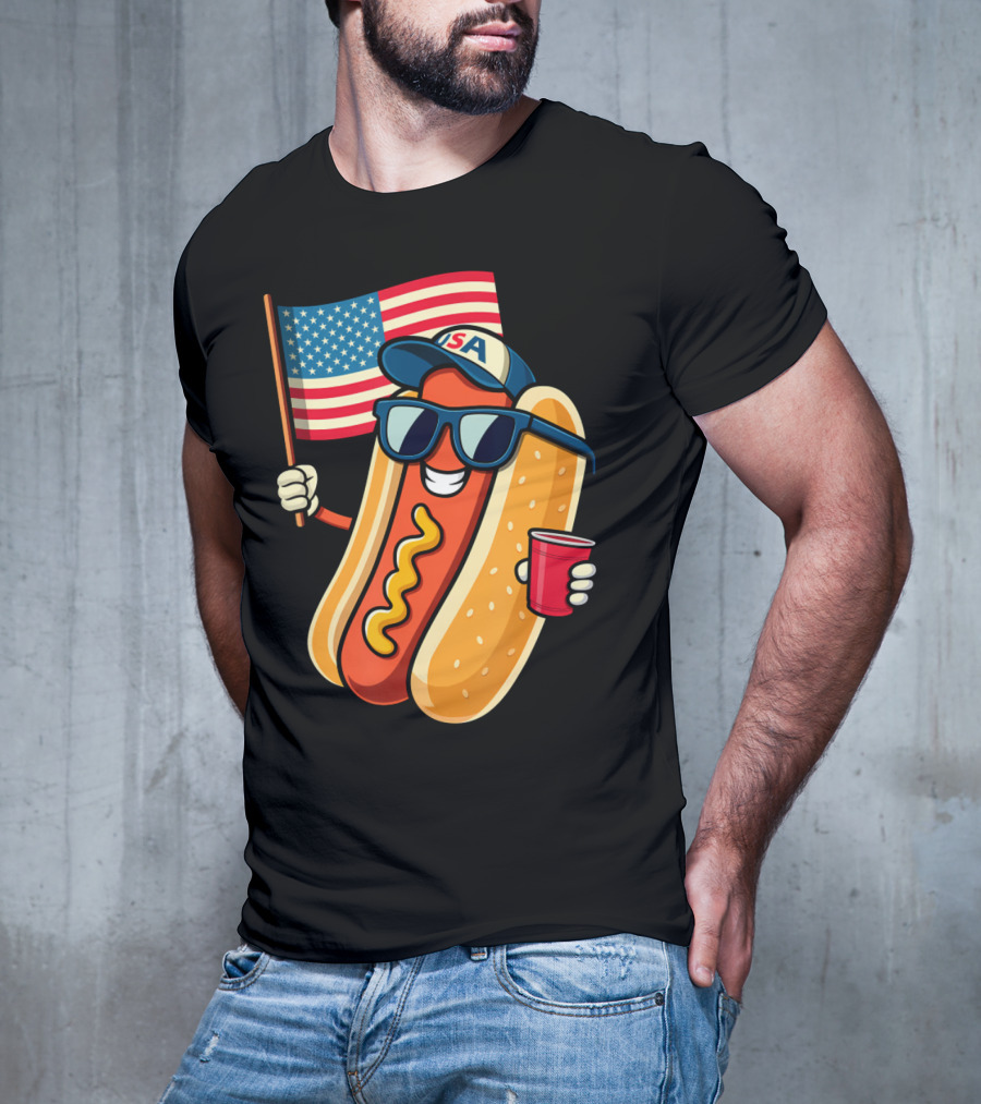 Fourth Of July USA Hotdog With American Flag And Sunglasses T-Shirt