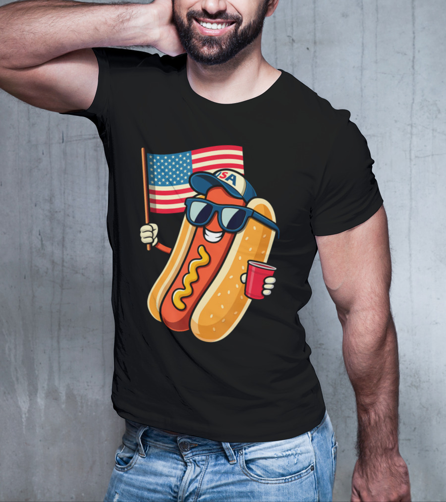 Fourth Of July USA Hotdog With American Flag And Sunglasses T-Shirt