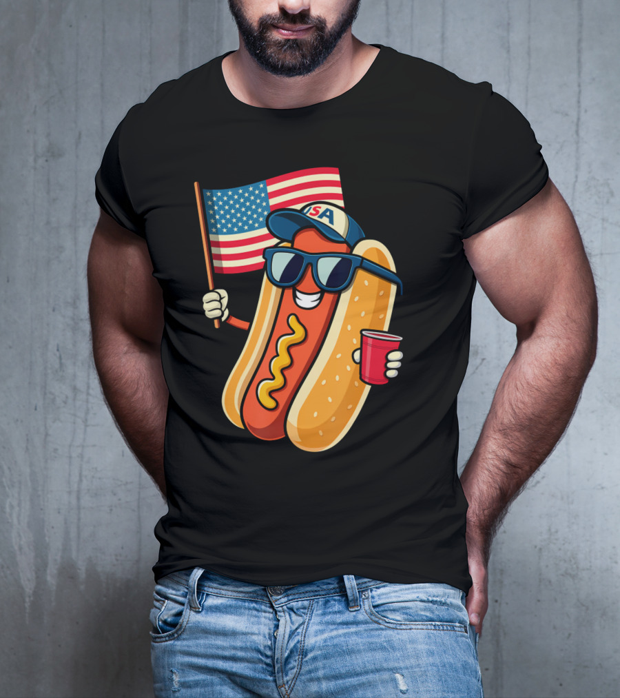 Fourth Of July USA Hotdog With American Flag And Sunglasses T-Shirt