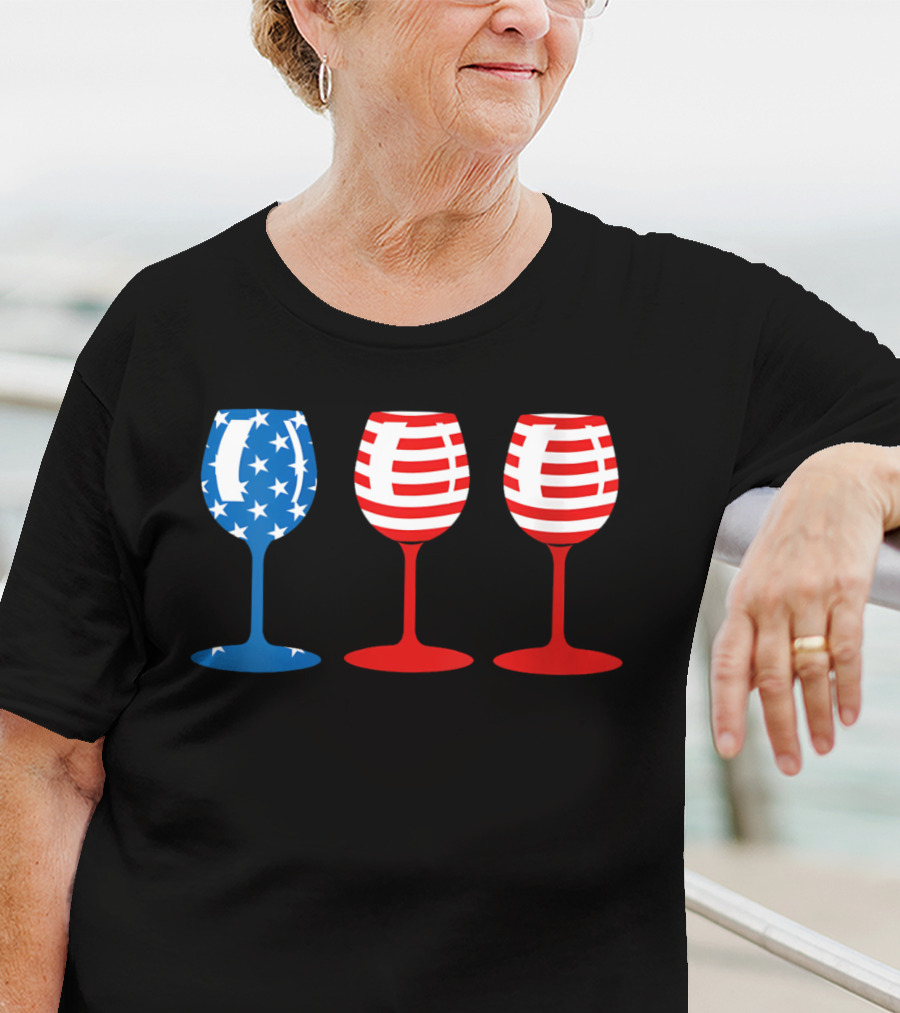 American Flag Fourth Of July Wine Glass Trio Stars And Stripes Patriotic T-Shirt