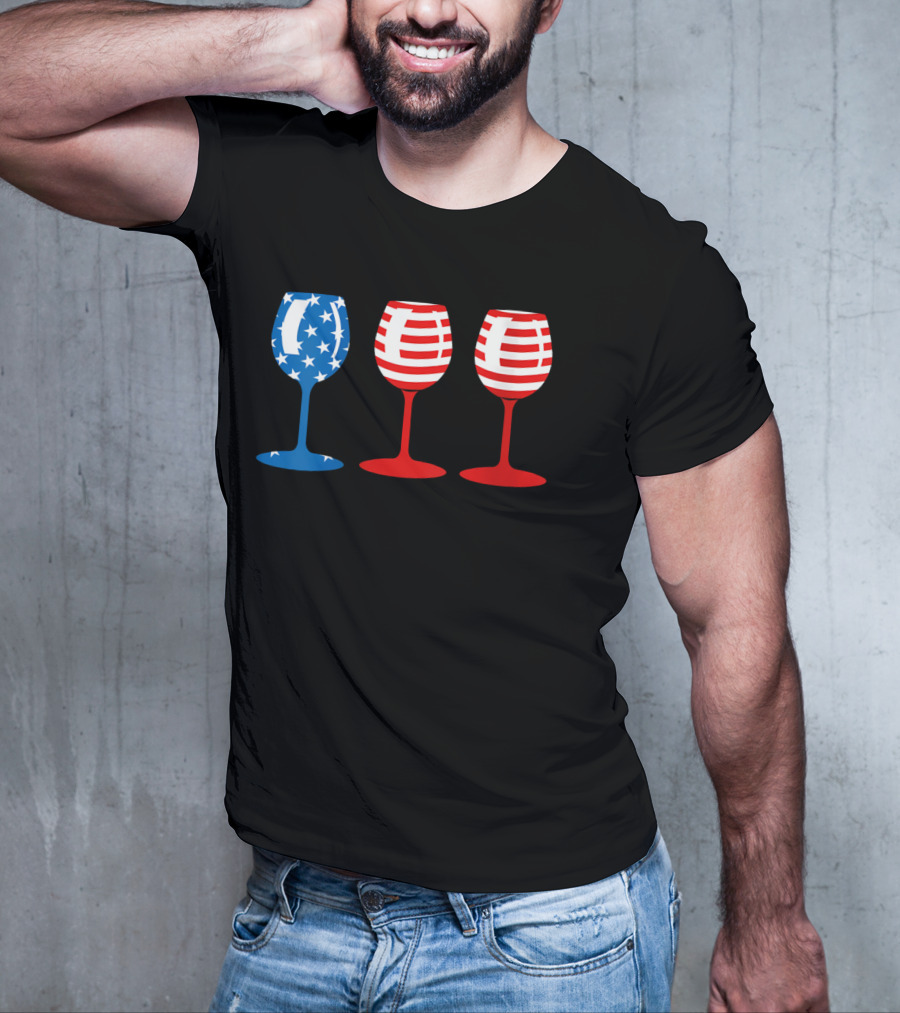 American Flag Fourth Of July Wine Glass Trio Stars And Stripes Patriotic T-Shirt