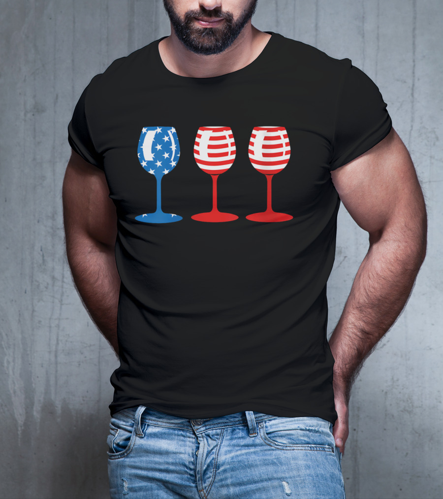 American Flag Fourth Of July Wine Glass Trio Stars And Stripes Patriotic T-Shirt