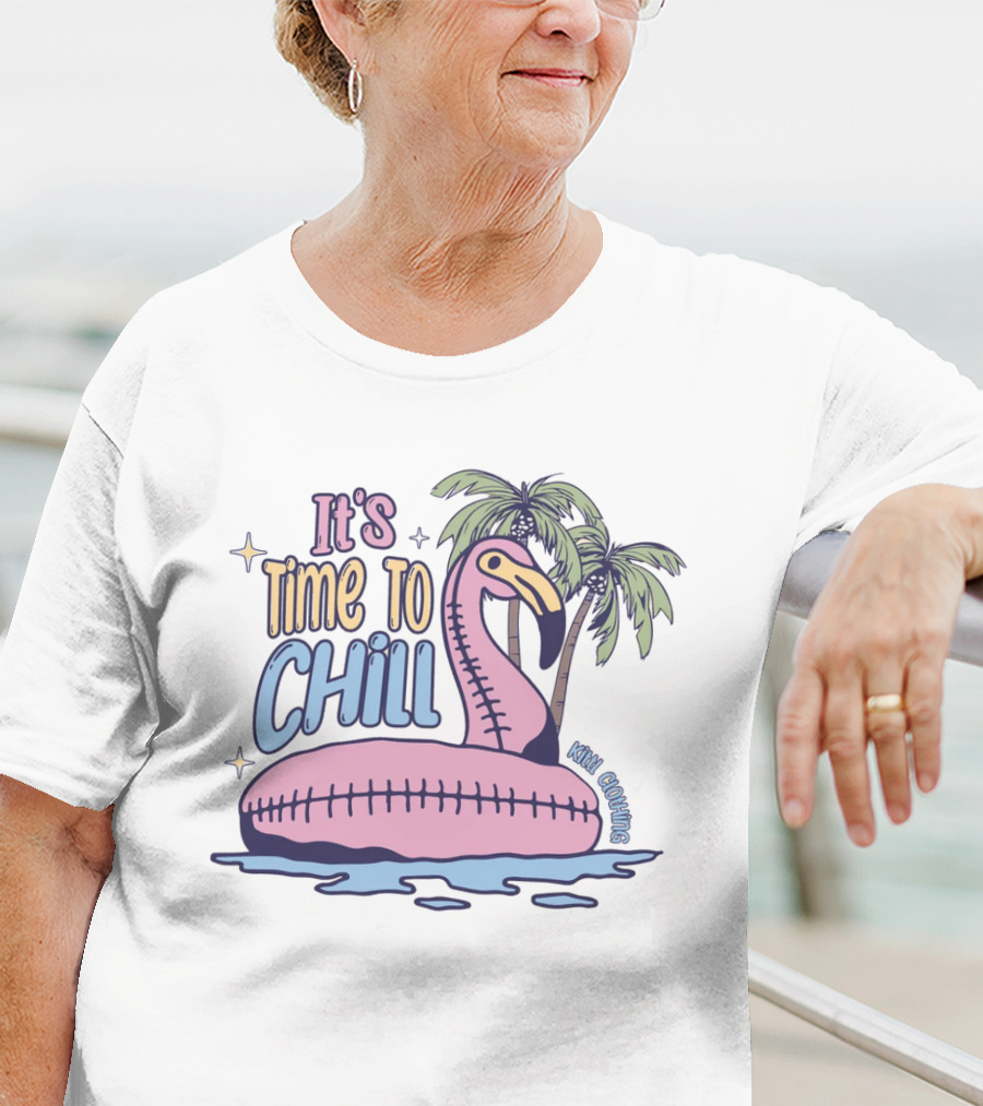 It's Time To Chill Flamingo Palm Trees Ocean Keith Owings T-Shirt