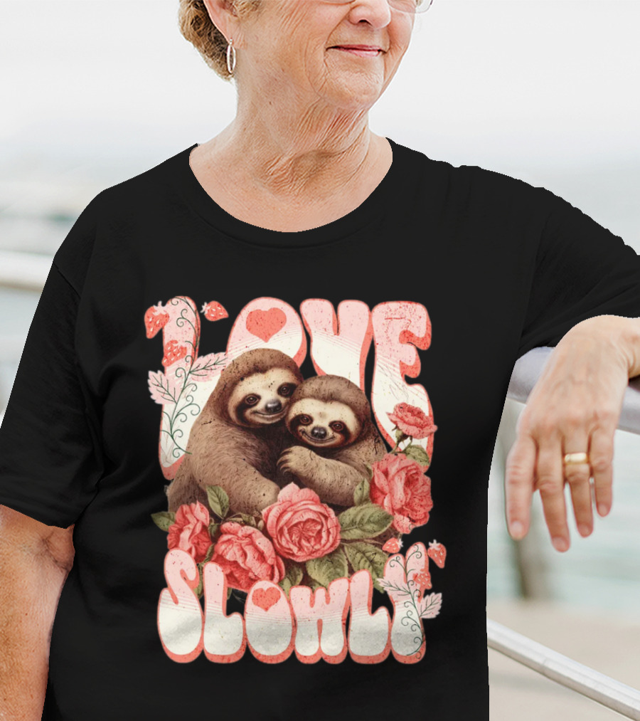 Love Slowly Sloth Couple Romance Valentine Heart Roses T-Shirt
