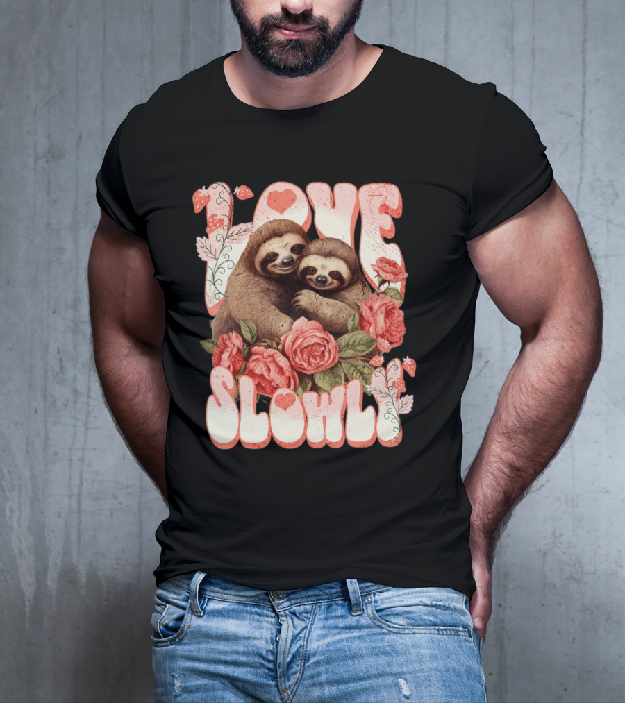 Love Slowly Sloth Couple Romance Valentine Heart Roses T-Shirt