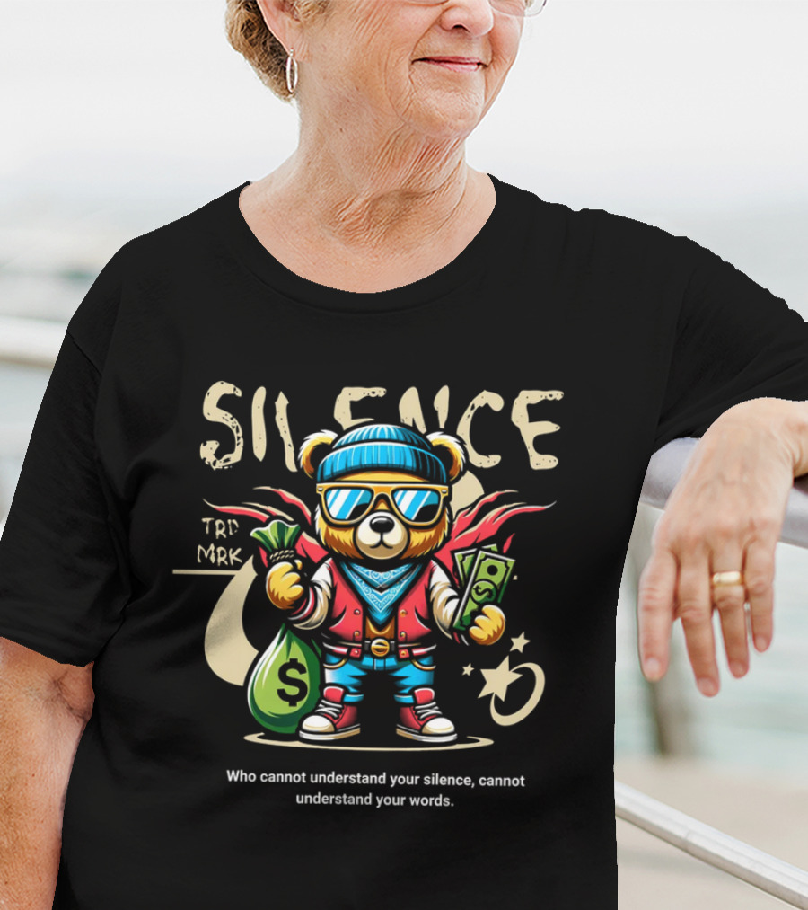 SILENCE Bear In Shades With Money Bags TRD MRK T-Shirt