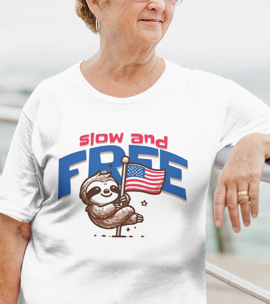 Slow And Free Sloth With American Flag T-Shirt