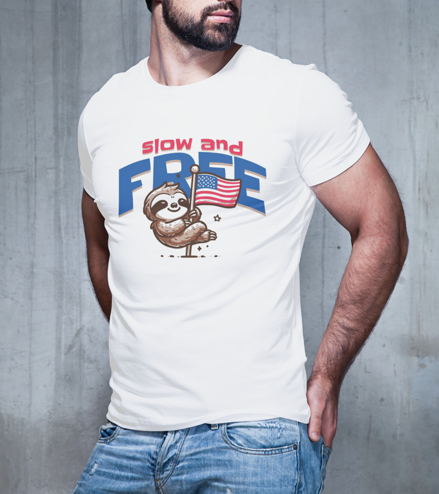 Slow And Free Sloth With American Flag T-Shirt