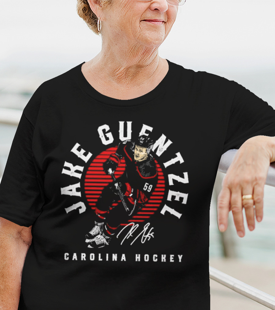 Jake Guentzel Carolina Hockey Number 59 Emblem With Red Circle And Signature T-Shirt