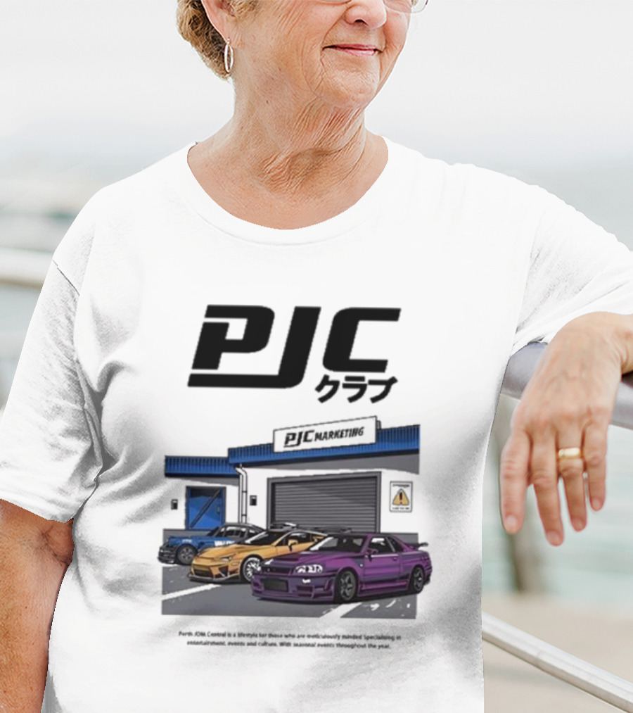 PJC クラブ Perth JDM Central PJC Marketing Garage Cars T-Shirt