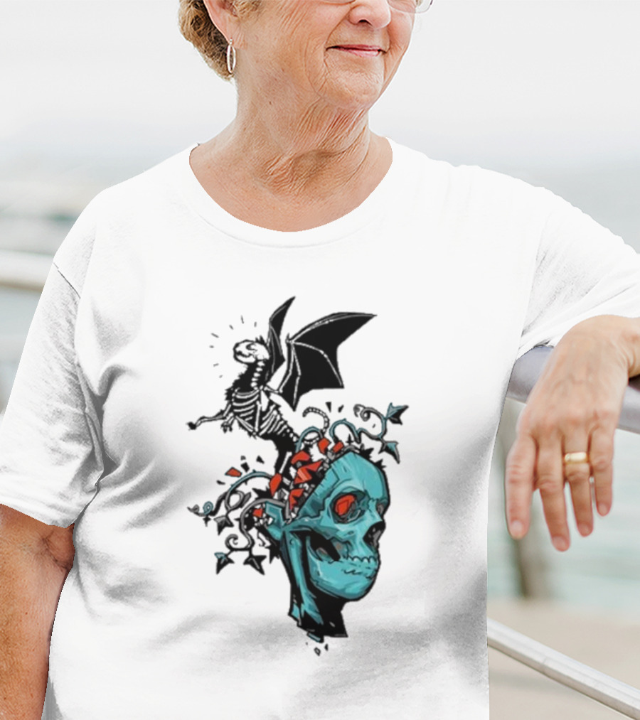 Scott Buoncristiano Skeleton Head With Dragon And Red Accents T-Shirt