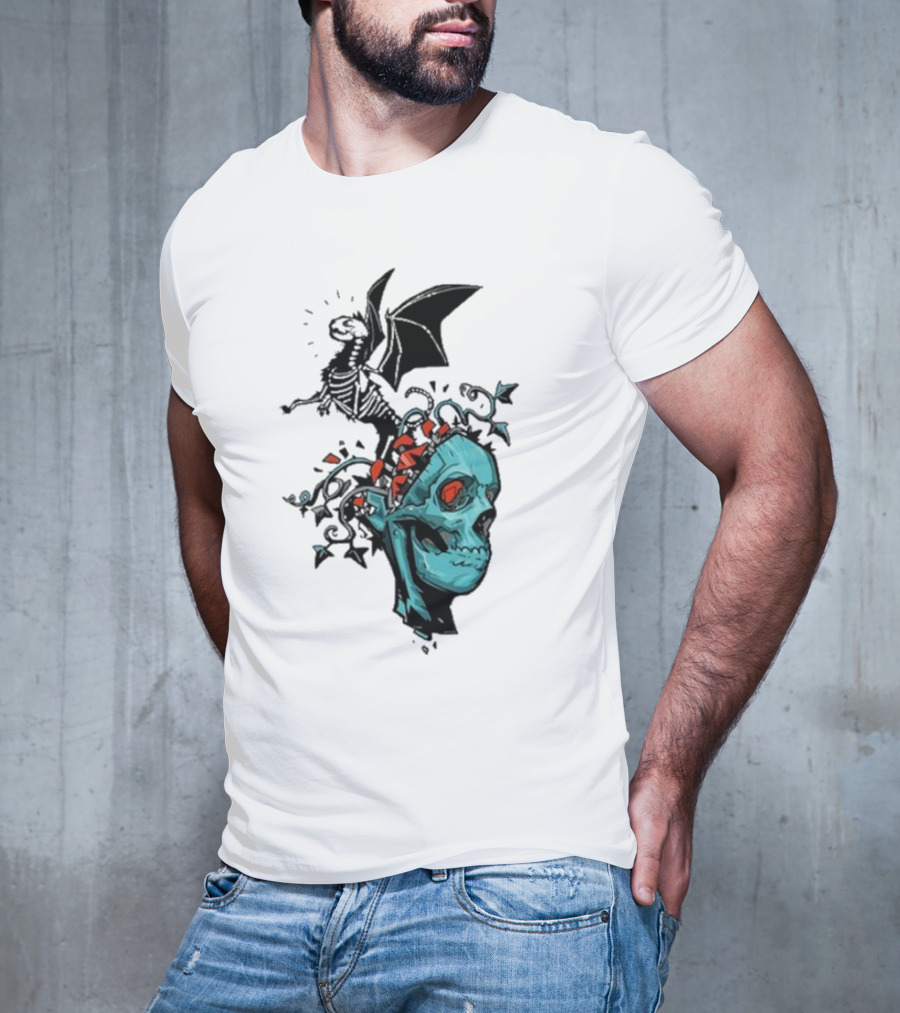 Scott Buoncristiano Skeleton Head With Dragon And Red Accents T-Shirt
