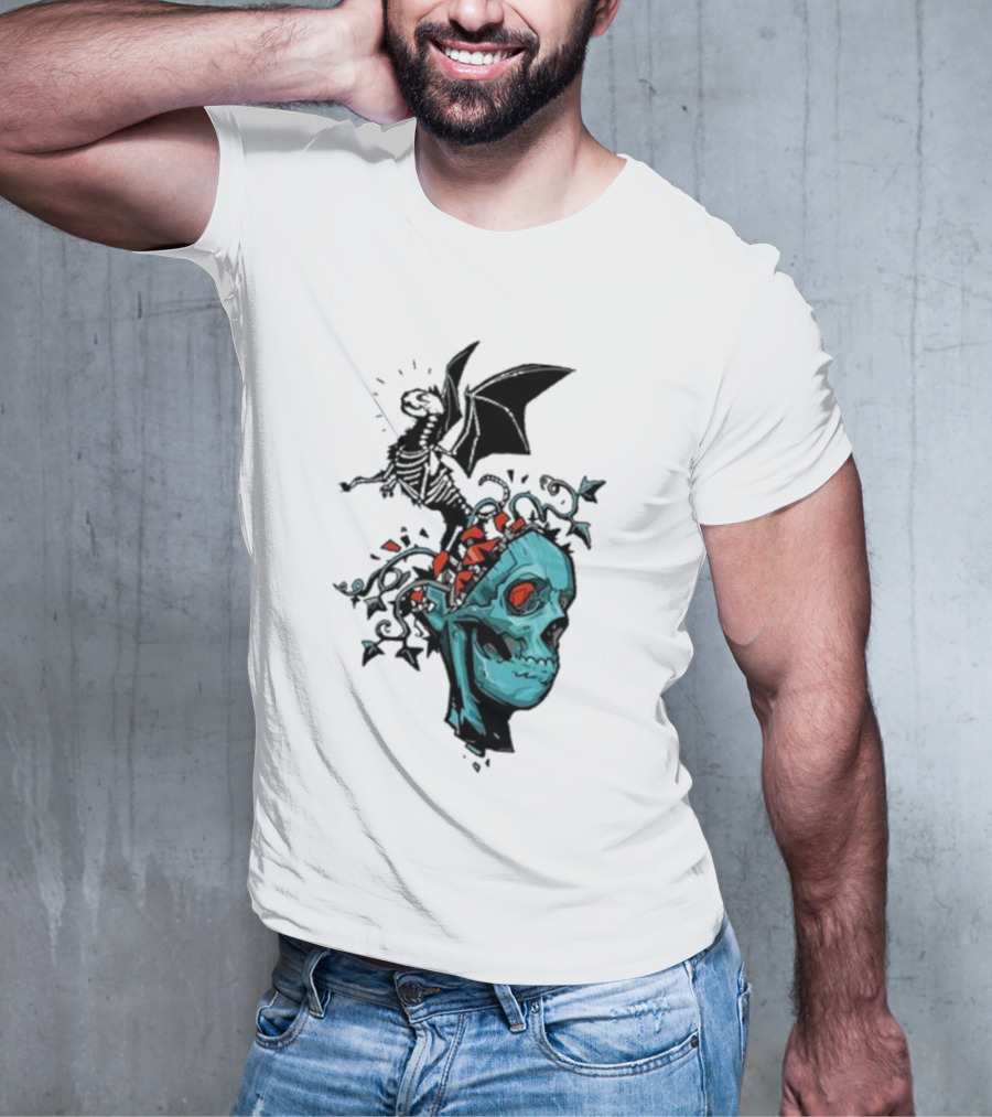 Scott Buoncristiano Skeleton Head With Dragon And Red Accents T-Shirt