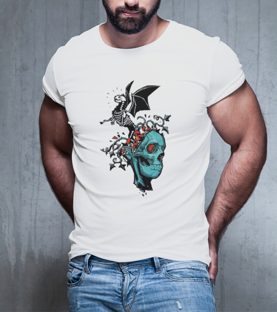 Scott Buoncristiano Skeleton Head With Dragon And Red Accents T-Shirt