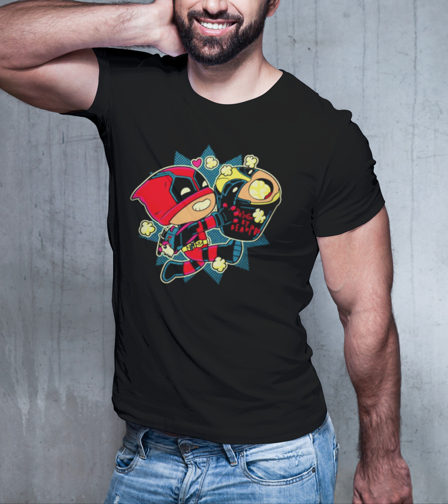 Deadpool Wolverine Pushing By Deadpool Popcorn Buckets Heart T-Shirt